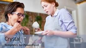  Presentation with incident - Slide deck enhanced with unpleasant incident in fashionable restaurant background and a light blue colored foreground