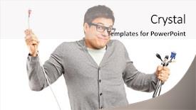  Presentation with cables - Presentation theme with confused male holding electronic cables background and a white colored foreground