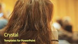  Presentation with about event - Presentation theme featuring unrecognisable woman attending an event background and a  colored foreground