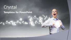  Presentation with superhero businesswoman - Beautiful presentation theme featuring unrecognizable businesswoman opening her shirt backdrop and a gray colored foreground