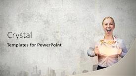  Presentation with superhero businesswoman - Beautiful PPT layouts featuring unrecognizable businesswoman opening her shirt backdrop and a light gray colored foreground