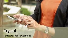  Presentation with fenway park - PPT theme consisting of unrecognizable businesswoman using handphone background and a mint green colored foreground