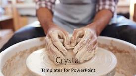  Presentation with spinning wheel - Slide set featuring unrecognizable male potter moulding clay vase on spinning pottery wheel in workshop close-up view background and a soft green colored foreground