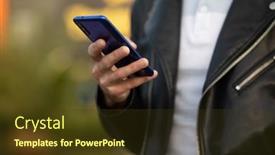  Presentation with mobile application - PPT theme consisting of unrecognizable-man-holding-mobile-smartphone background and a tawny brown colored foreground