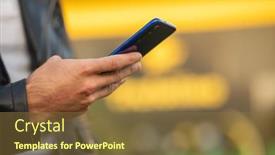  Presentation with mobile application - Slide deck with unrecognizable-man-holding-mobile-smartphone background and a tawny brown colored foreground