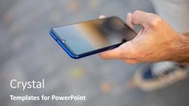  Presentation with mobile application - Presentation theme with unrecognizable-man-holding-mobile-smartphone background and a gray colored foreground