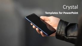  Presentation with mobile application - Presentation theme having unrecognizable-man-holding-mobile-smartphone background and a dark gray colored foreground