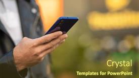  Presentation with mobile application - Slide set consisting of unrecognizable-man-holding-mobile-smartphone background and a tawny brown colored foreground