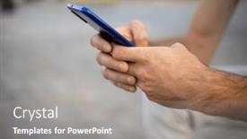  Presentation with mobile application - Presentation theme enhanced with unrecognizable-man-holding-mobile-smartphone background and a gray colored foreground