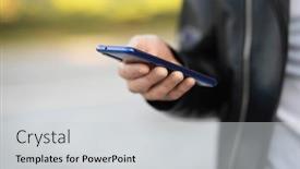  Presentation with mobile application - Slide deck having unrecognizable-man-holding-mobile-smartphone background and a light gray colored foreground