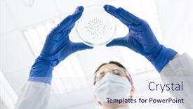  Presentation with cell culture - Theme consisting of unrecognizable-medical-scientist-wearing-protective background and a sky blue colored foreground