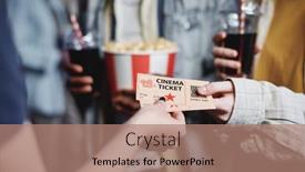  Presentation with movie theater hall of cinema - PPT theme with unrecognizable-people-giving-tickets background and a coral colored foreground