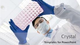  Presentation with specimen - Audience pleasing PPT theme consisting of unrecognizable-pharmacologist-wearing-protective-gloves backdrop and a light blue colored foreground