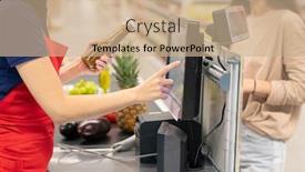  Presentation with supermarket - Audience pleasing theme consisting of unrecognizable-supermarket-cashier-using-computer backdrop and a coral colored foreground