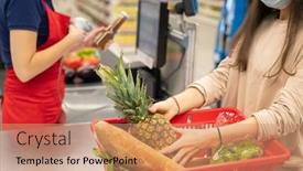  Presentation with mask - Amazing PPT layouts having unrecognizable-woman-wearing-protective-mask backdrop and a coral colored foreground