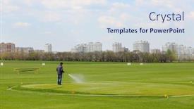  Presentation with golf course - Slide deck enhanced with unrecognizable worker waters grass on green golf course at sunny day background and a sky blue colored foreground