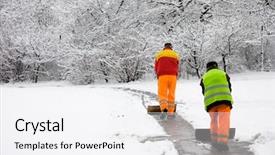  Presentation with first - Slide deck consisting of unrecognizable workers removing first snow background and a white colored foreground