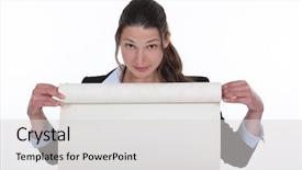  Presentation with paper towel roll - Amazing PPT theme having unroll - woman unrolling a roll backdrop and a light gray colored foreground