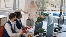  Presentation with female - Cool new PPT theme with unsatisfied-blonde-caucasian-female-boss backdrop and a coral colored foreground