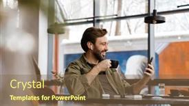  Presentation with cafe - Audience pleasing presentation design consisting of unshaven-happy-man-in-earphones backdrop and a tawny brown colored foreground