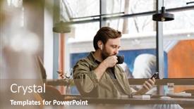  Presentation with cafe - Slide deck featuring unshaven-happy-man-in-earphones background and a coral colored foreground