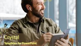  Presentation with diary - Beautiful PPT layouts featuring unshaven-happy-man-in-earphones backdrop and a tawny brown colored foreground