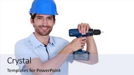  Presentation with drill - Amazing presentation having unshaven worker with power drill backdrop and a light blue colored foreground