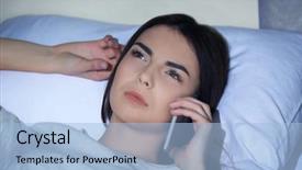  Presentation with mobile phone in woman hand - Presentation theme enhanced with unsleep - young woman talking background and a  colored foreground