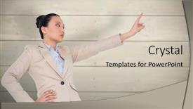  Presentation with bleached - Colorful PPT theme enhanced with unsmiling asian businesswoman pointing against bleached wooden planks background backdrop and a soft green colored foreground