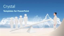  Presentation with human resource - Audience pleasing PPT layouts consisting of unsmiling asian businesswoman walking against white human resource scales in desert backdrop and a ocean colored foreground
