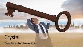  Presentation with horizon - Beautiful slides featuring unsmiling businessman carrying large key with arms raised against large city on the horizon past yellow field backdrop and a coral colored foreground