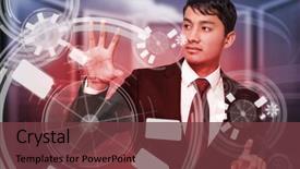  Presentation with server room - PPT theme featuring unsmiling businessman holding and pointing against composite image of server room background and a tawny brown colored foreground