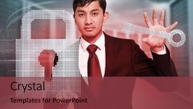  Presentation with server - Colorful slides enhanced with unsmiling businessman holding and pointing against composite image of server towers backdrop and a tawny brown colored foreground