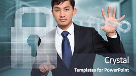  Presentation with towers - Cool new PPT theme with unsmiling businessman holding and pointing against composite image of server towers backdrop and a tawny brown colored foreground