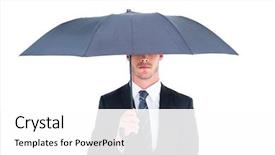  Presentation with under umbrella - Colorful slide set enhanced with unsmiling businessman sheltering under umbrella on white background backdrop and a white colored foreground