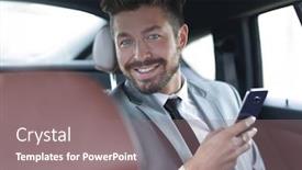  Presentation with car seat - Audience pleasing PPT theme consisting of unsmiling businessman sitting in the back seat in his car backdrop and a gray colored foreground