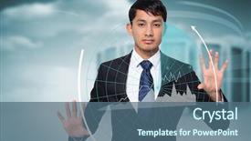  Presentation with towers - PPT theme with unsmiling businessman touching against composite image of server towers background and a ocean colored foreground