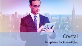  Presentation with skyscraper - Slide set consisting of unsmiling businessman using tablet pc against skyscraper background and a light blue colored foreground