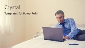  Presentation with social isolation - PPT theme enhanced with unsmiling man lying on a bed using a laptop in a bedroom at home working from home in quarantine lockdown social distancing self isolation background and a lemonade colored foreground