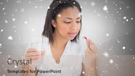  Presentation with falling snow - Beautiful PPT theme featuring unsmiling young dark haired model taking medication against snow falling backdrop and a coral colored foreground