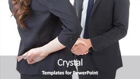  Presentation with hand shake telephone - PPT layouts featuring untruth - business woman and man shake background and a dark gray colored foreground