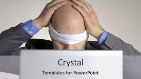  Presentation with blindfolded - Theme having untruth - stressed blindfolded bald man working background and a light gray colored foreground