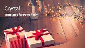  Presentation with golden christmas trumpet and red - Colorful slide set enhanced with gifts spirit - red gift boxes feet backdrop and a violet colored foreground