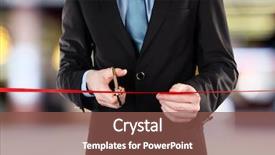  Presentation with ribbon cutting - Audience pleasing PPT layouts consisting of unveiling - businessman cutting red ribbon backdrop and a  colored foreground