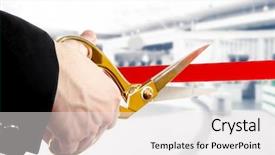  Presentation with cutting ribbon - Audience pleasing presentation theme consisting of unveiling - businessman cutting red ribbon backdrop and a sky blue colored foreground