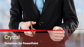  Presentation with cutting ribbon - Theme with unveiling - businessman cutting red ribbon background and a tawny brown colored foreground