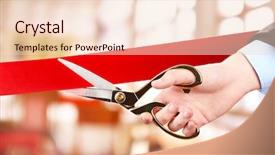  Presentation with ribbon cutting grand opening - Beautiful presentation design featuring unveiling - grand opening cutting red ribbon backdrop and a lemonade colored foreground