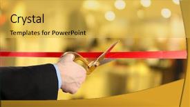  Presentation with ribbon cutting grand opening - Colorful theme enhanced with unveiling - grand opening cutting red ribbon backdrop and a yellow colored foreground