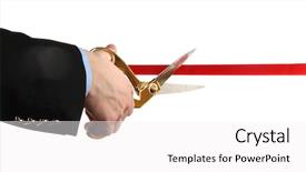  Presentation with cutting ribbon - Colorful presentation design enhanced with unveiling - man's hand cutting red ribbon backdrop and a white colored foreground