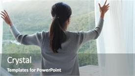  Presentation with curtain - Amazing PPT theme having unveiling - woman unveil the window curtain backdrop and a  colored foreground